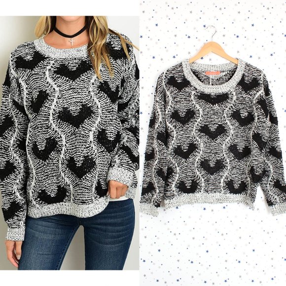 Heart Pattern Cable Knit Sweater Black - Picture 1 of 10